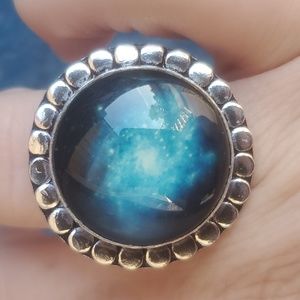 New Nebula Galaxy Celestial Art Glass Abstract, Hypnotic 925 Silver Ring.